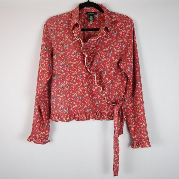 Vintage Lauren Ralph Lauren Red Prairie Floral Wrap Blouse Shirt, Size 12P - Picture 1 of 11
